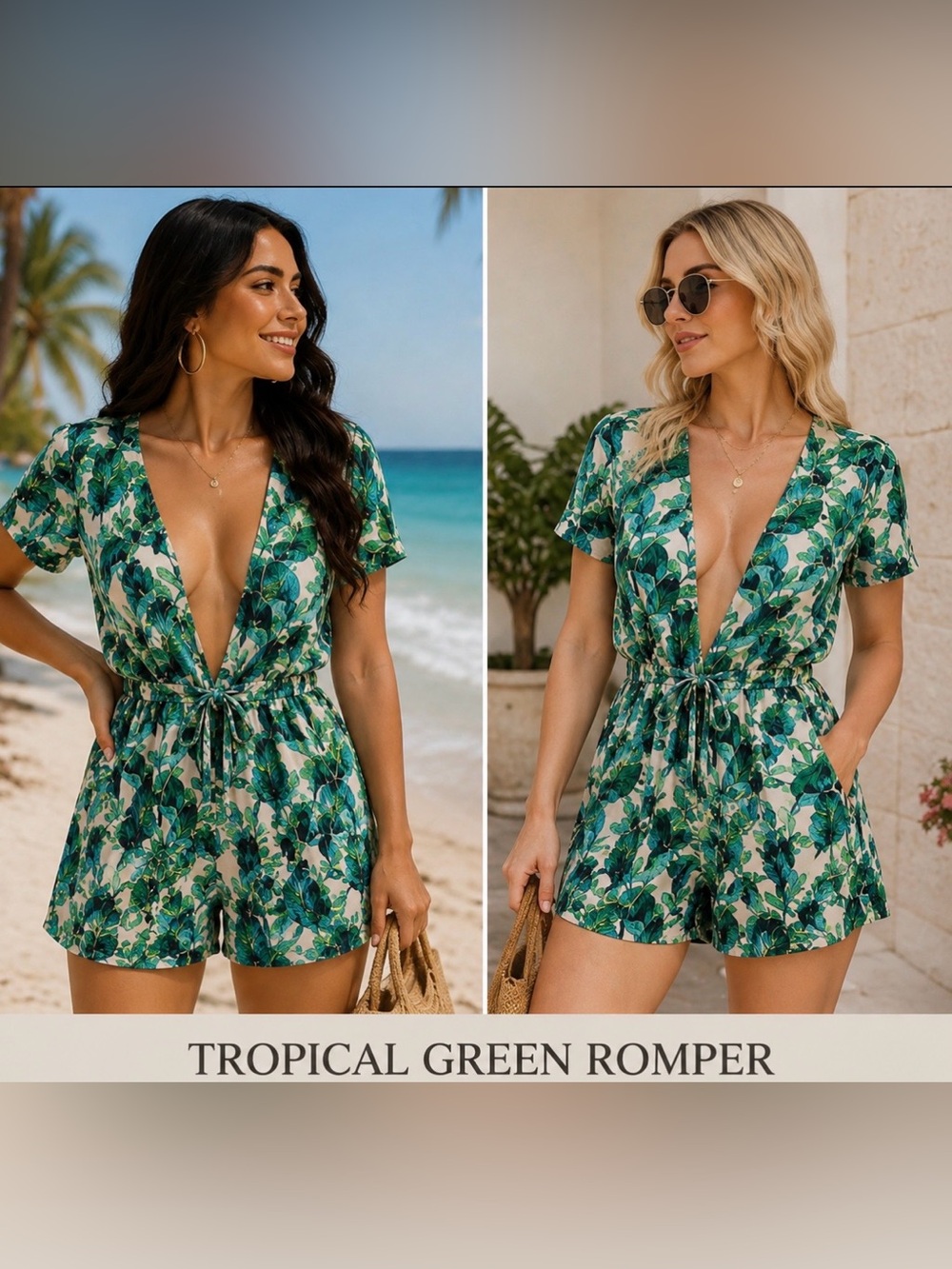 Tropical Green Leaf V-Neck Romper-Brand new, no tag.